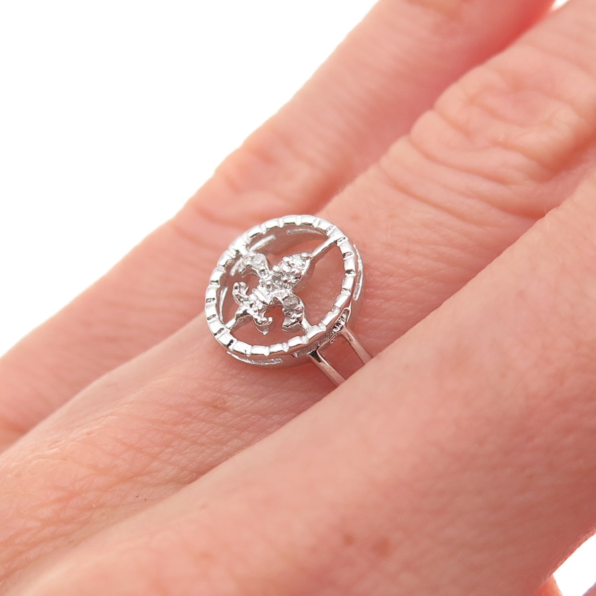 925 Sterling Silver Real Round-Cut Diamond Fleur de Lis Ring Size 6