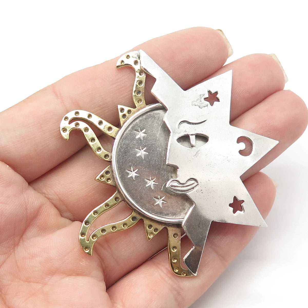 925 Sterling Silver 2-Tone Vintage Mexico Handmade Sun & Stars Pin Brooch