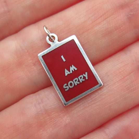 925 Sterling Silver Red Enamel I Am Sorry Minimalist Charm Pendant