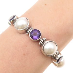 925 Sterling Silver Vintage Real Pearl & Amethyst Modernist Bracelet 7"