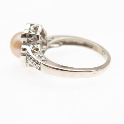 925 Sterling Silver Real Round-Cut Diamond & Pearl Ring Size 6.75