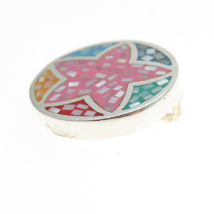 925 Sterling Silver Vintage Enamel Real MOP Inlay Round Pendant