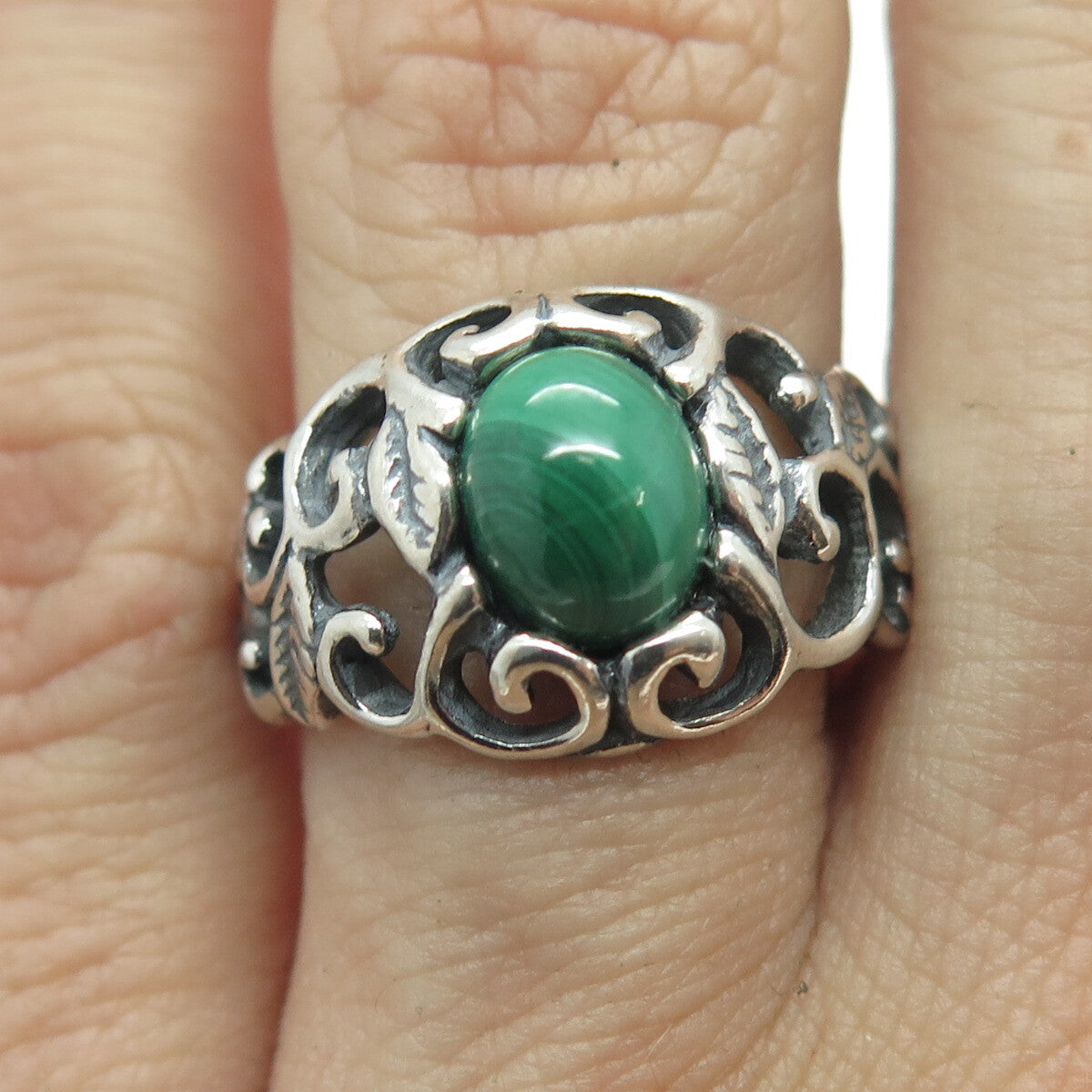 SHUBE 925 Sterling Silver Vintage Real Malachite Gem Leaf Swirl Ring Size 6.25