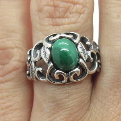 SHUBE 925 Sterling Silver Vintage Real Malachite Gem Leaf Swirl Ring Size 6.25