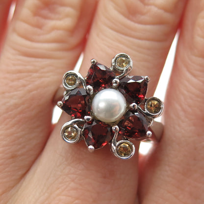 925 Sterling Silver Vintage Real Pearl Red Garnet Citrine Flower Ring Size 9.25