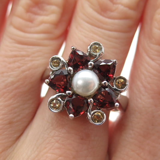 925 Sterling Silver Vintage Real Pearl Red Garnet Citrine Flower Ring Size 9.25