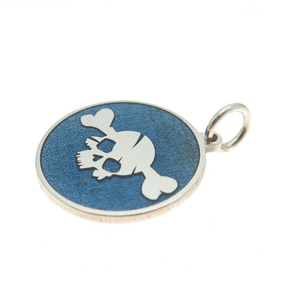 925 Sterling Silver Blue Enamel Skull & Bone Round Tag Minimalist Charm Pendant