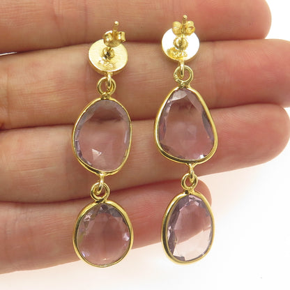 925 Sterling Silver Gold Plated Vintage Amethyst Modernist Dangle Earrings