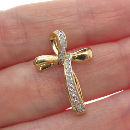 HAN 925 Sterling Silver Gold Plated Real Round-Cut Diamond Cross Mini Pendant