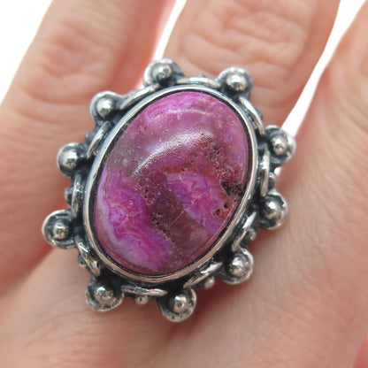 925 Sterling Silver Vintage Real Purple Agate Beaded Oxidized Ring Size 8.5
