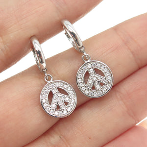 925 Sterling Silver Pave C Z Symbol of Peace Dangling Earrings