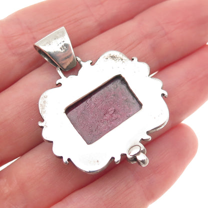 925 Sterling Silver Vintage Real Ruby Swirl Oxidized Pendant