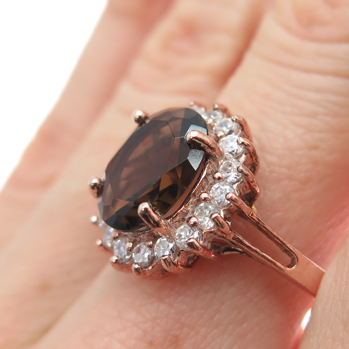 925 Sterling Silver Rose Gold Plated Real Smoky Quartz & C Z Ring Size 8.25