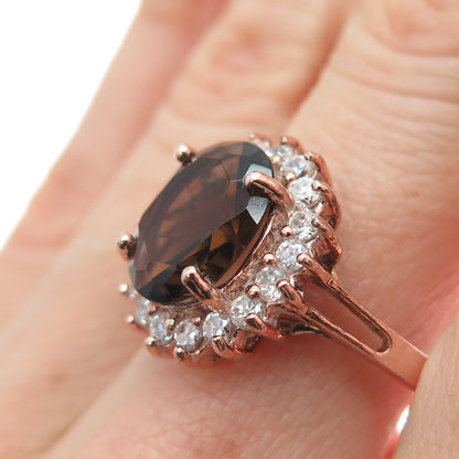 925 Sterling Silver Rose Gold Plated Real Smoky Quartz & C Z Ring Size 8.25