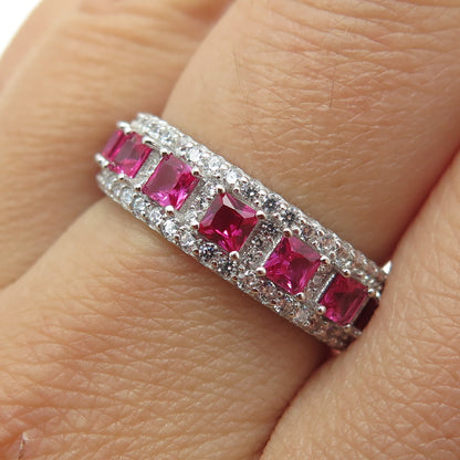 925 Sterling Silver Lab-Created Pink Sapphire & C Z Eternity Band Ring Size 9.25