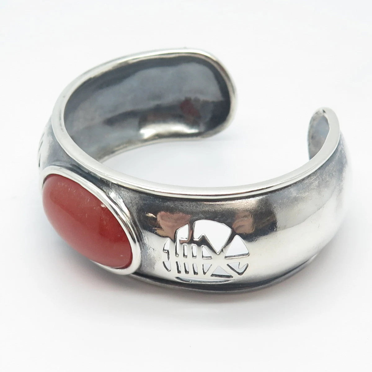 925 Sterling Silver Vintage Real Red Jade Gemstone Adjustable Cuff Bracelet 7.5"
