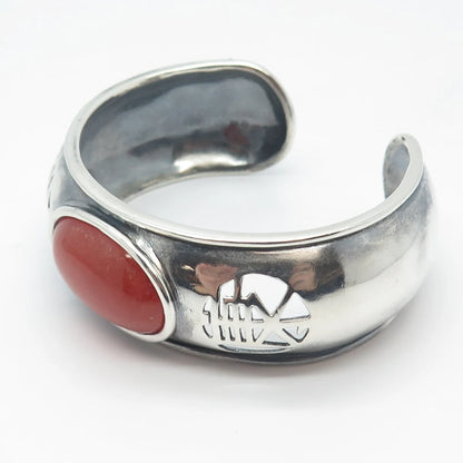 925 Sterling Silver Vintage Real Red Jade Gemstone Adjustable Cuff Bracelet 7.5"