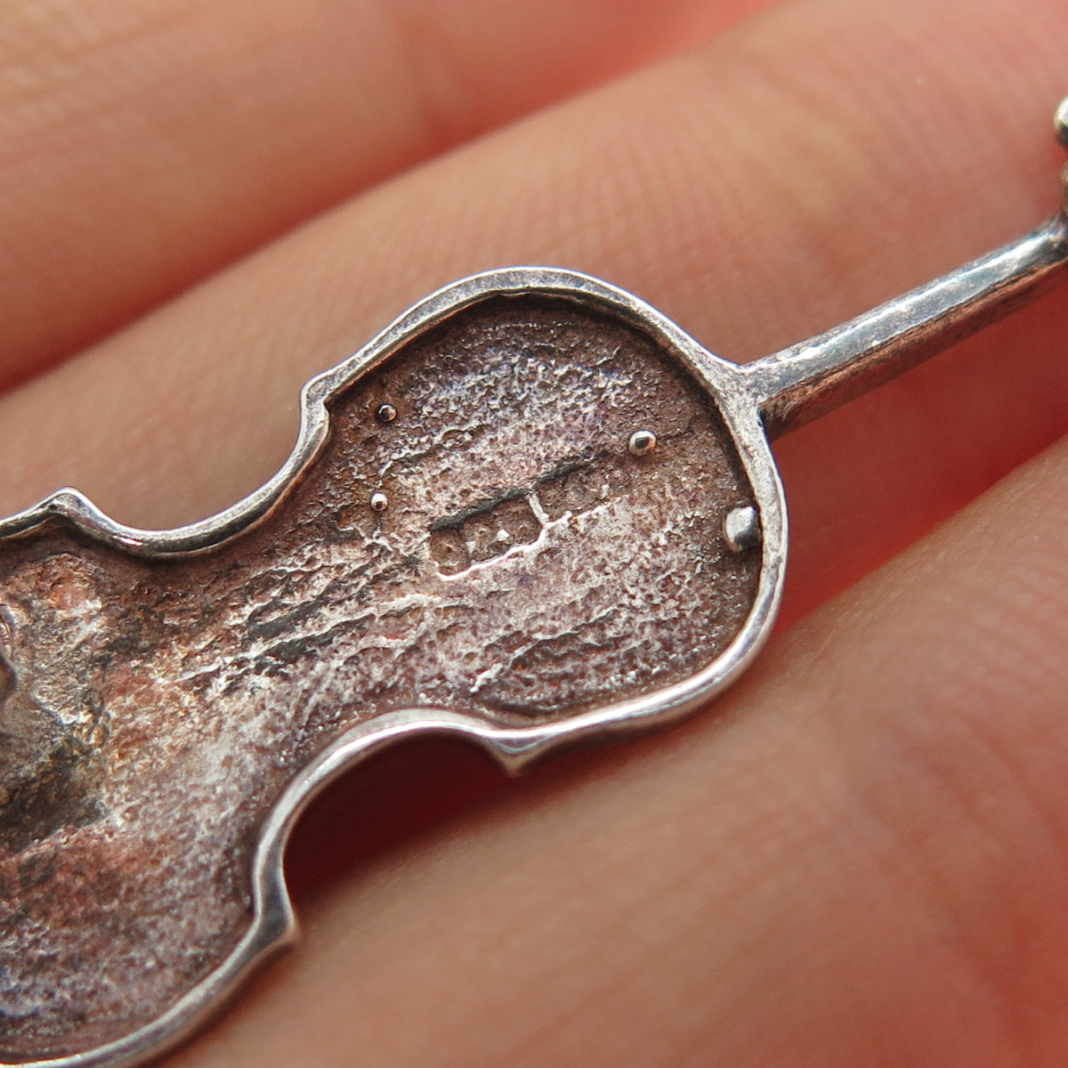 925 Sterling Silver Vintage Violin Music Instrument Oxidized Pin Brooch