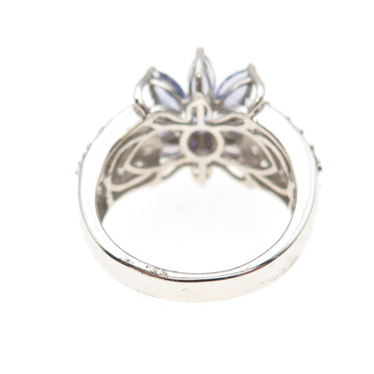 Chuck Clemency 925 Sterling Real Tanzanite & White Topaz Floral Ring Size 8.25