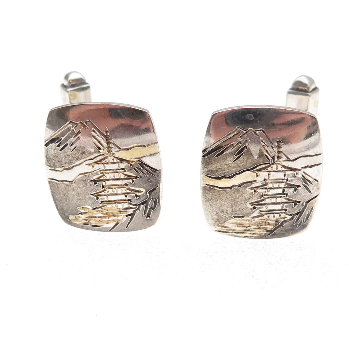 950 Silver 2-Tone Antique Japan Mount Fuji Landscape Cufflinks