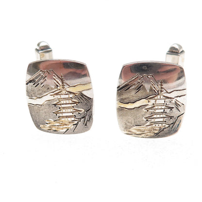 950 Silver 2-Tone Antique Japan Mount Fuji Landscape Cufflinks