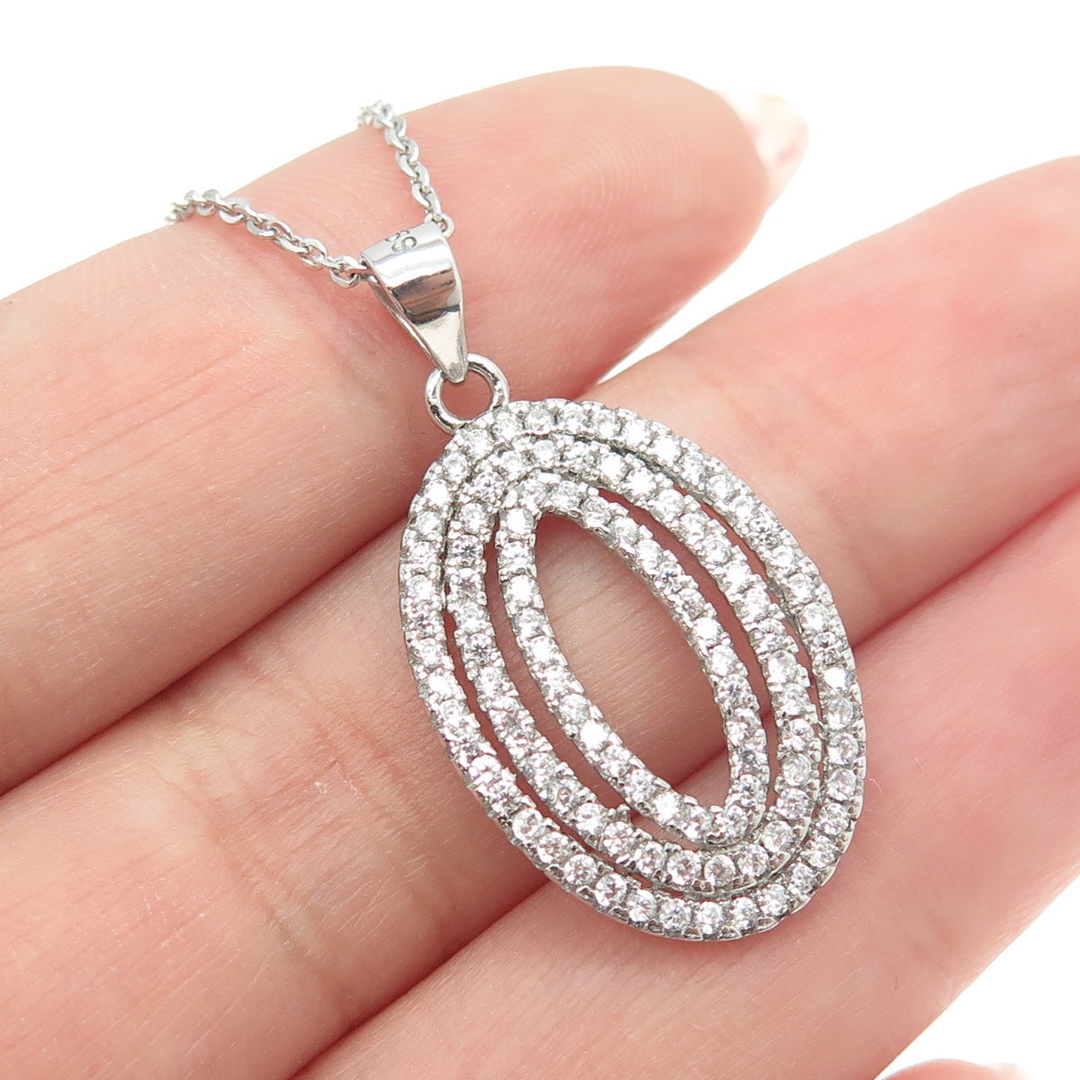 925 Sterling Silver Round-Cut C Z Multi-Circle Oval Cable Chain Necklace 18"