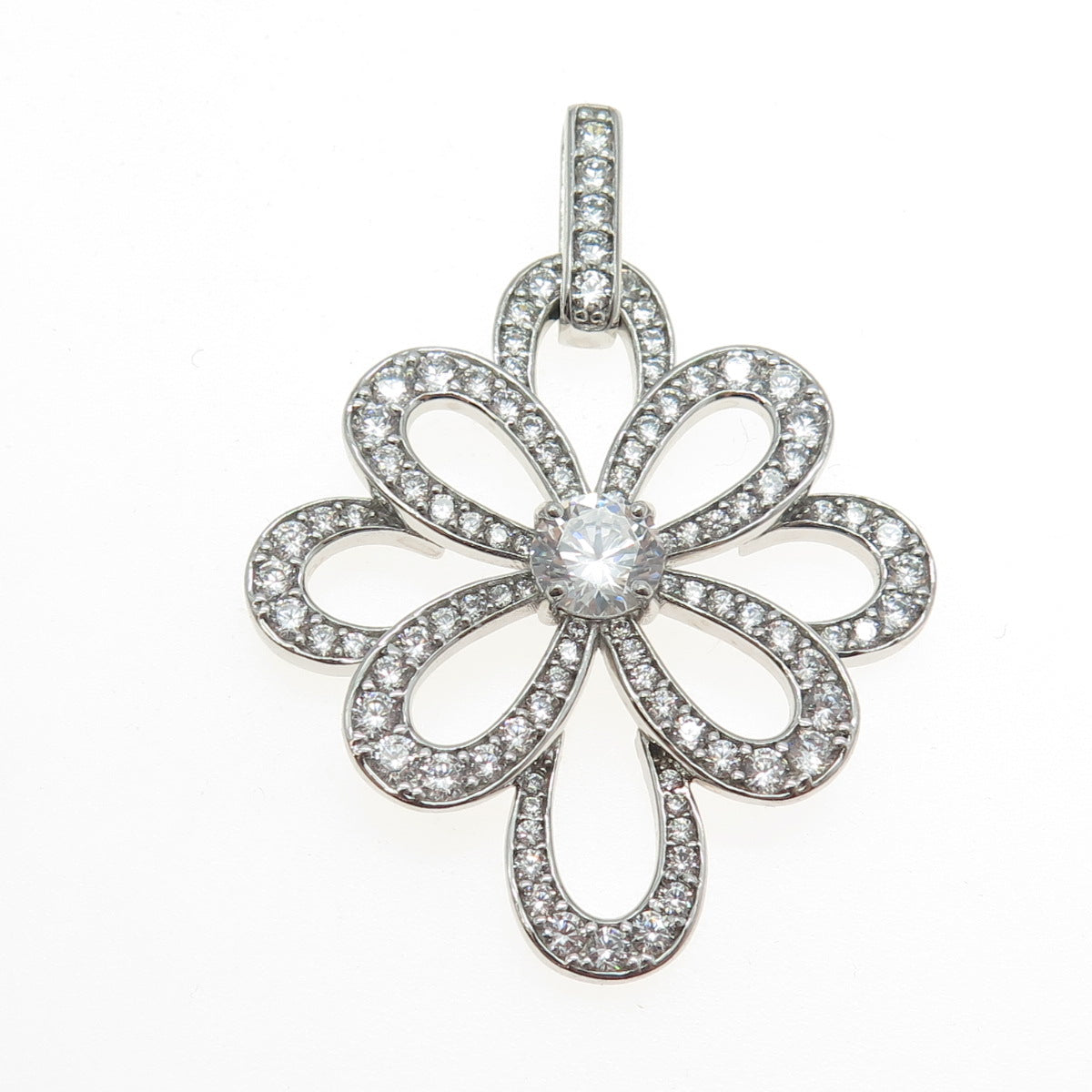 JOSE HESS 925 Sterling Silver Round-Cut C Z Floral Pendant