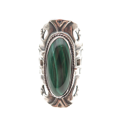 925 Sterling Vintage Mexico Real Malachite Adjustable Poison Ring Size 8.75