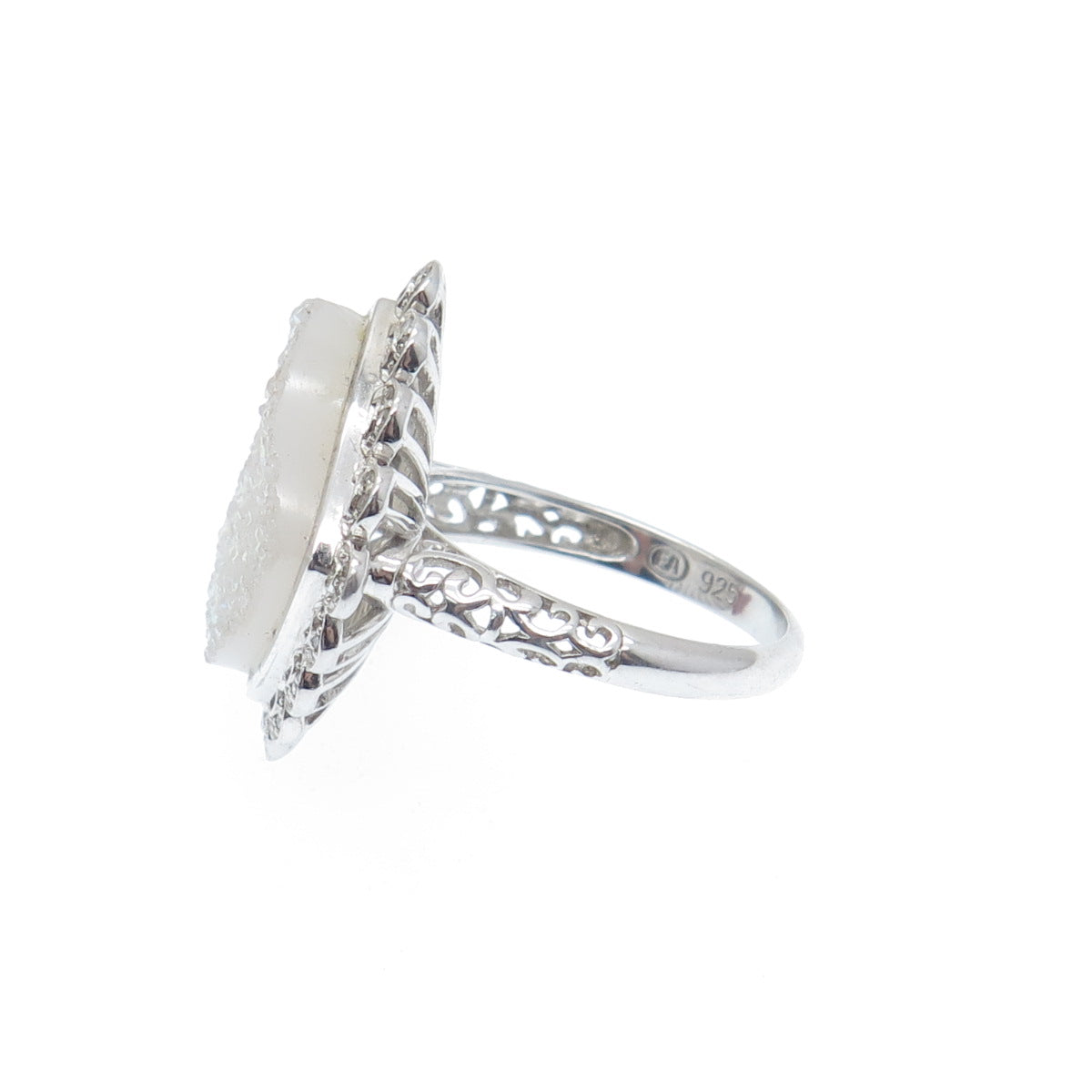 925 Sterling Silver Real Round-Cut Diamond & Druzy Ring Size 8