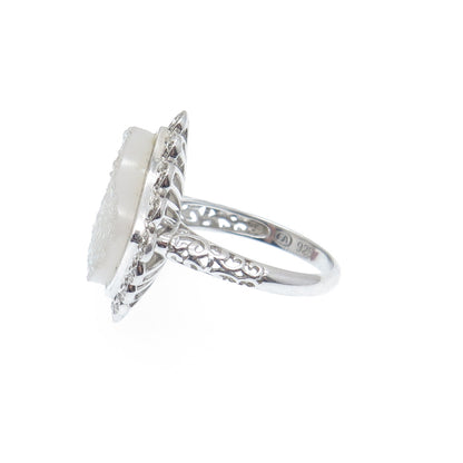 925 Sterling Silver Real Round-Cut Diamond & Druzy Ring Size 8