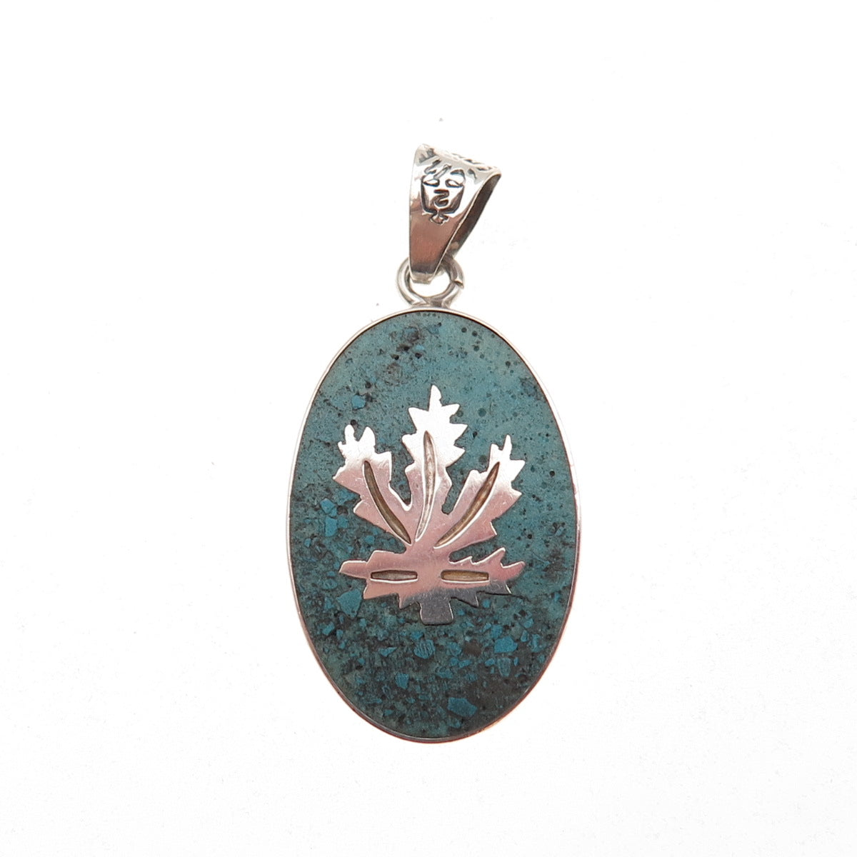 925 Sterling Silver Vintage Mexico Real Turquoise Inlay Cannabis Leaf Pendant