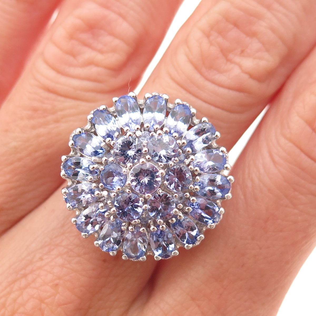 Chuck Clemency 925 Sterling Silver Real Tanzanite Floral Cluster Ring Size 8.25