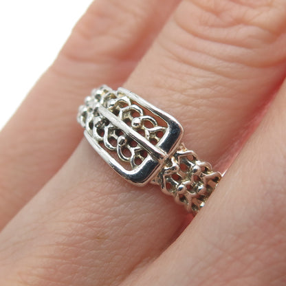 NEVADA 925 Sterling Silver Vintage Belt Buckle Heart Link Ring Size 7