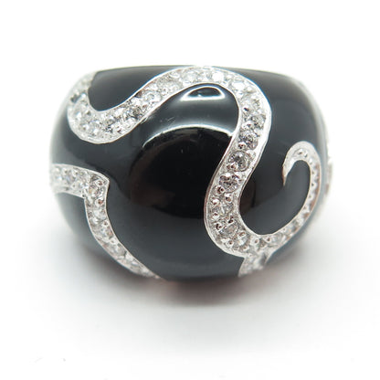 925 Sterling Silver Round-Cut Shaped C Z & Black Enamel Swirl Dome Ring Size 6