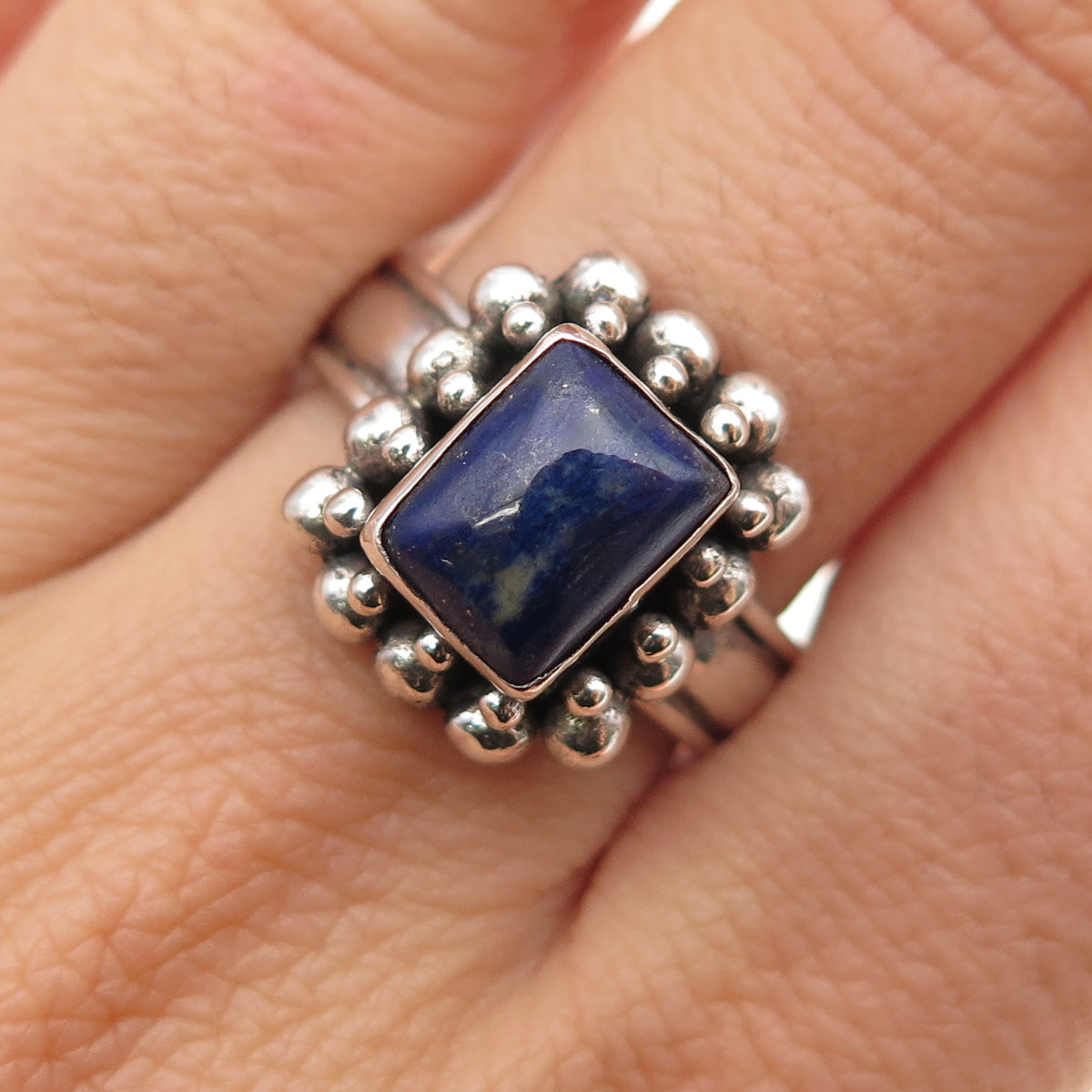 925 Sterling Silver Vintage Real Lapis Lazuli Beaded Oxidized Ring Size 9.5