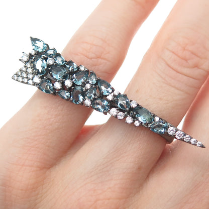 925 Sterling Black Rhodium Real Apatite & C Z Adjustable Two Finger Ring Size 6