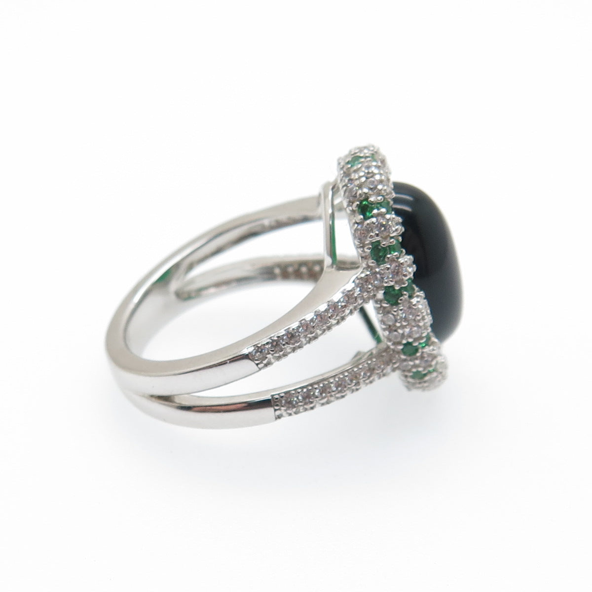 DSMK 925 Sterling Silver Cabochon Nano Emerald & C Z Ring Size 7.25