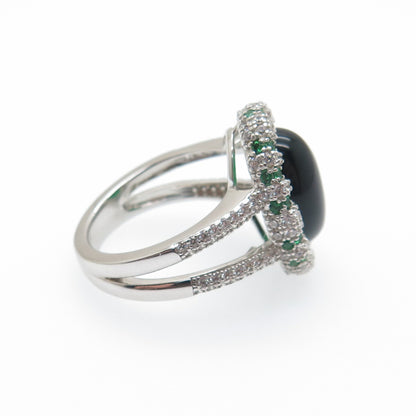 DSMK 925 Sterling Silver Cabochon Nano Emerald & C Z Ring Size 7.25