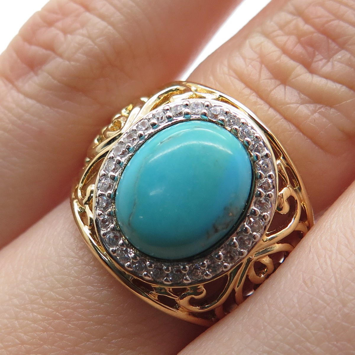 ROSS SIMONS 925 Sterling Silver Gold Plated Faux Turquoise & C Z Ring Size 6.25