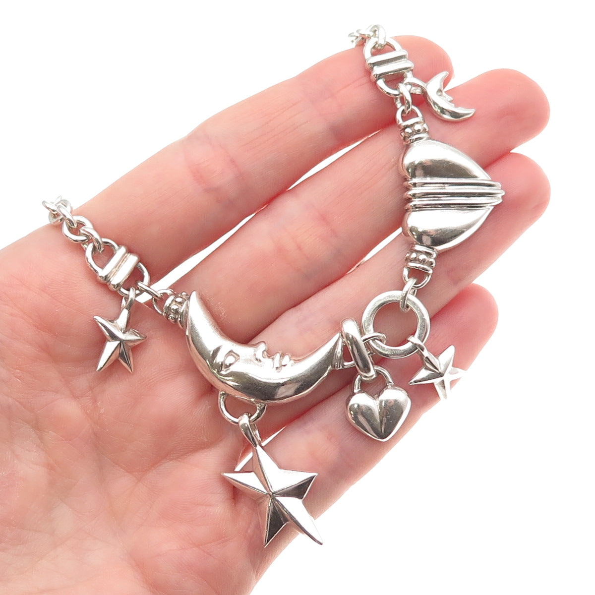 925 Sterling Silver Vintage Crescent Heart & Star Cable Chain Necklace 14"