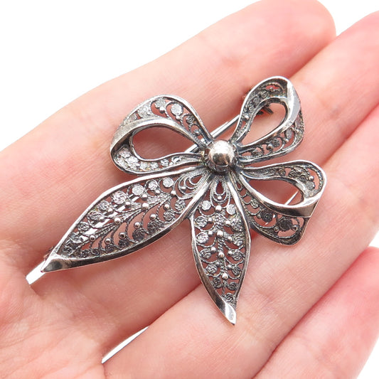 935 Silver Vintage Filigree Ribbon Bow Oxidized Pin Brooch