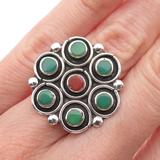 Old Pawn 925 Sterling Silver Vintage Turquoise & Coral Floral Ring Size 4.75