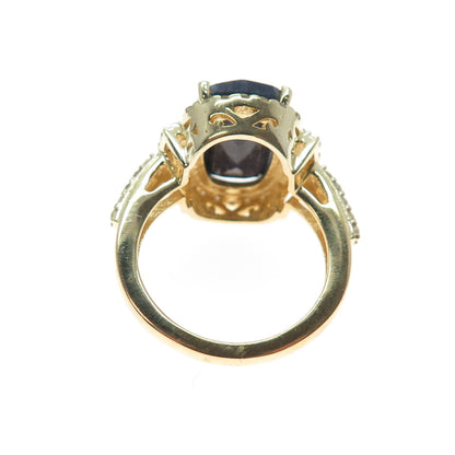 DSMK 925 Sterling Silver Gold Plated Real Diamond & Sapphire Ring Size 7