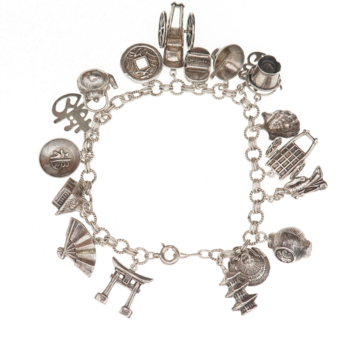 950 Silver Antique Japanese Culture & Travel Dangle Charms Bracelet 7.5"