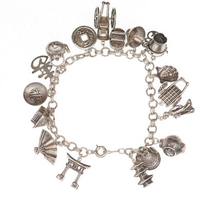 950 Silver Antique Japanese Culture & Travel Dangle Charms Bracelet 7.5"