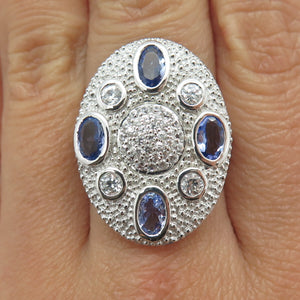 DSMK 925 Sterling Silver White Topaz & Tanzanite Gem Statement Ring Size 7.25