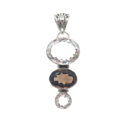 925 Sterling Silver Vintage Real White Topaz & Smoky Quartz Graduated Pendant