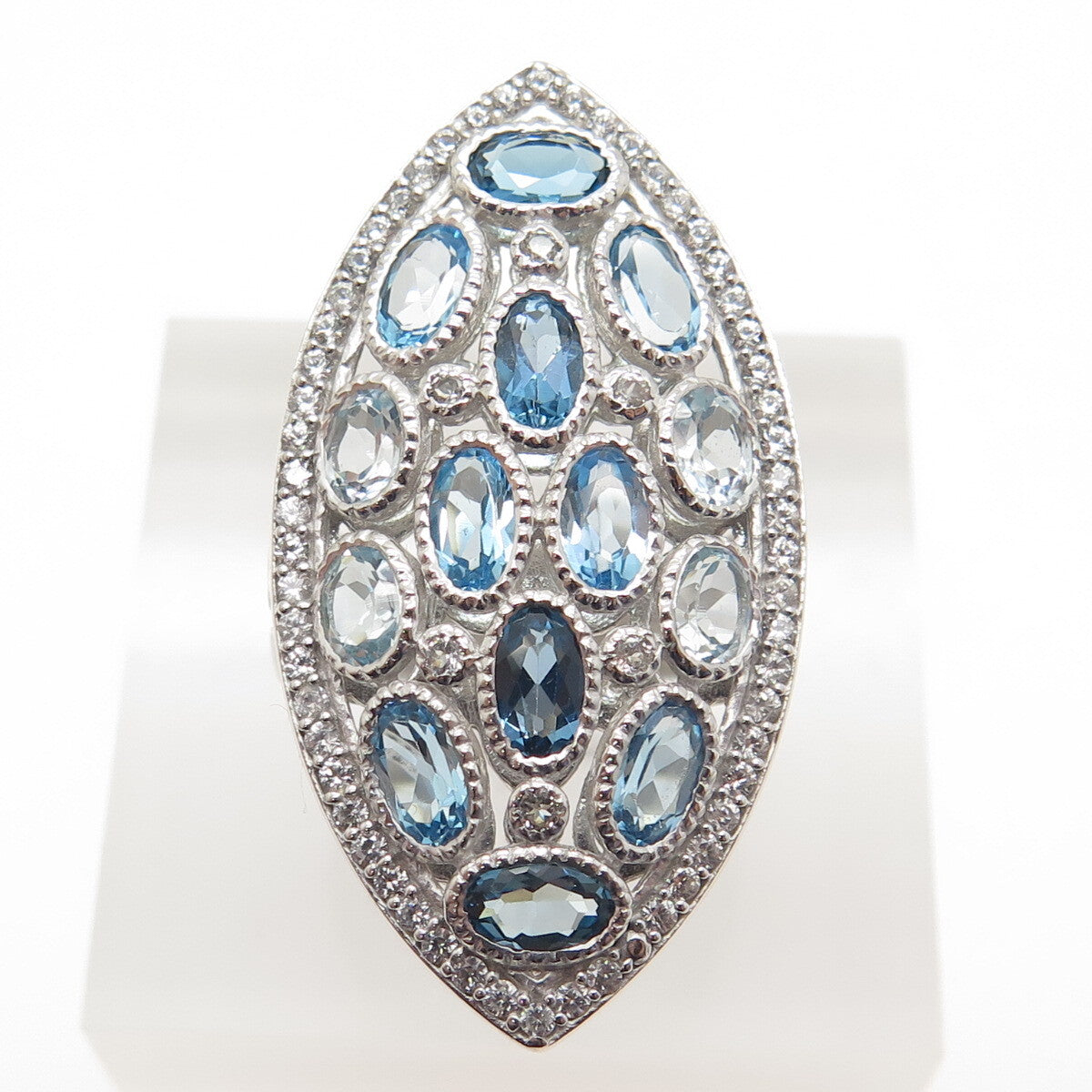 DSMK 925 Sterling Silver Real London & Light Blue White Topaz Ring Size 7