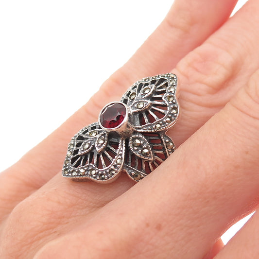 925 Sterling Silver Vintage Real Garnet & Marcasite Floral Oxidized Ring Size 6