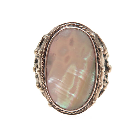 500 Silver Antique Victorian Real Mother-of-Pearl Oxidized Ring Size 8